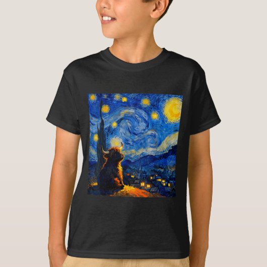 Cute Highland Baby Cow Graphic Van Gogh Style Star T-shirt (Voorkant)