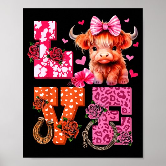 Cute Highland Cow And Nk Heart Valentines Day Love Poster (Voorkant)