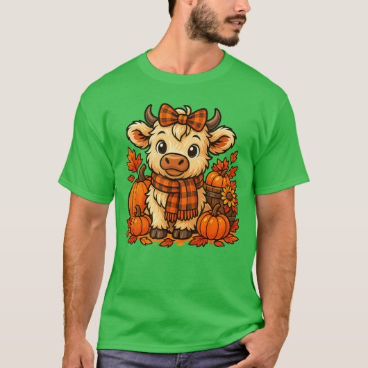 Cute Highland Cow Autumn Pumpkin Plaid Scarf Fall  T-shirt (Voorkant)