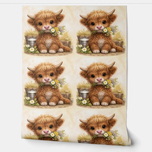 Cute Highland Cow Baby Pattern Wallpaper Behang (Afrollen)