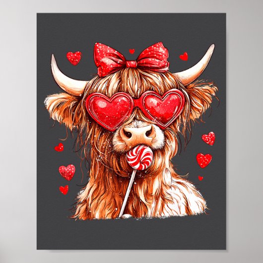 Cute Highland Cow Candy Cane Heart Valentines Day Poster (Voorkant)