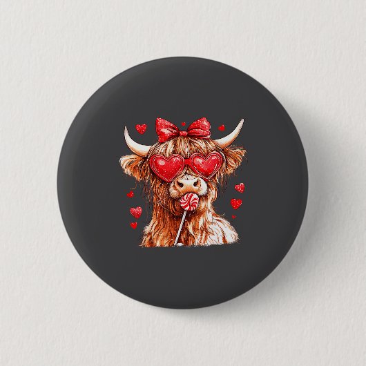 Cute Highland Cow Candy Cane Heart Valentines Day  Ronde Button 5,7 Cm (Voorkant)