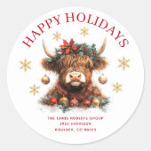 Cute Highland Cow Christmas Business Ronde Sticker (Voorkant)