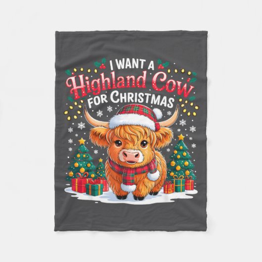 Cute Highland Cow Christmas Funny Santa Lights Hol Fleece Deken (Voorkant)