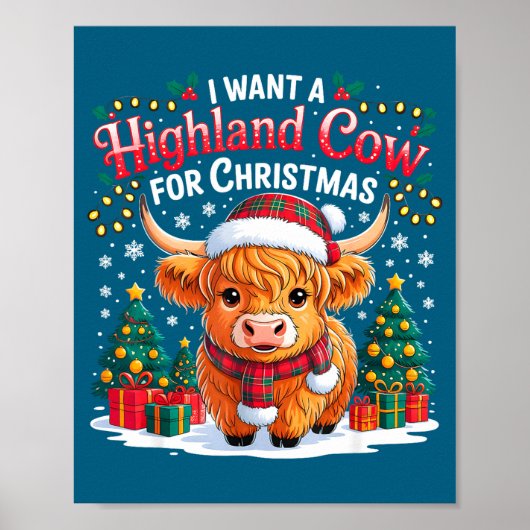 Cute Highland Cow Christmas Funny Santa Lights Hol Poster (Voorkant)