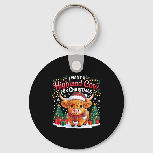 Cute Highland Cow Christmas Funny Santa Lights Hol Sleutelhanger (Voorkant)