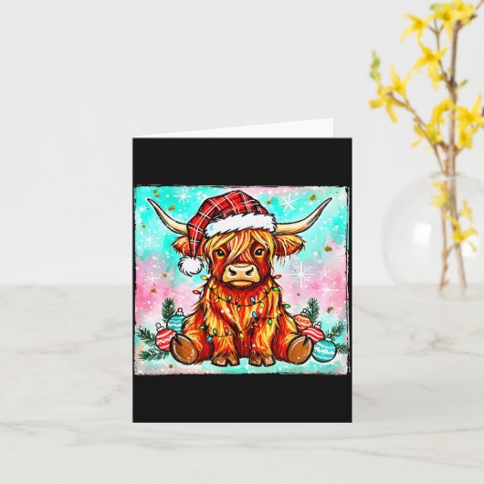 Cute Highland Cow Christmas Lights Merry Xmas Cows Kaart (Gele Bloem)