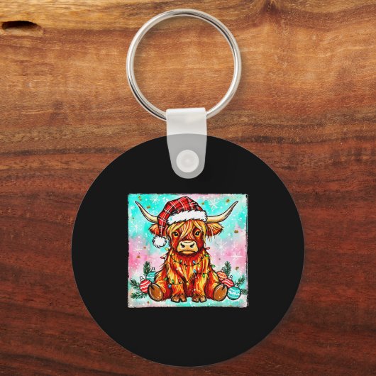 Cute Highland Cow Christmas Lights Merry Xmas Cows Sleutelhanger (Voorkant)