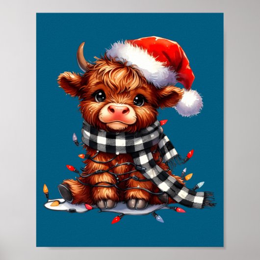 Cute Highland Cow Christmas Lights Santa Hat Winte Poster (Voorkant)