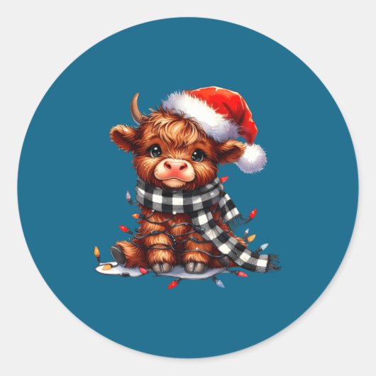 Cute Highland Cow Christmas Lights Santa Hat Winte Ronde Sticker (Voorkant)