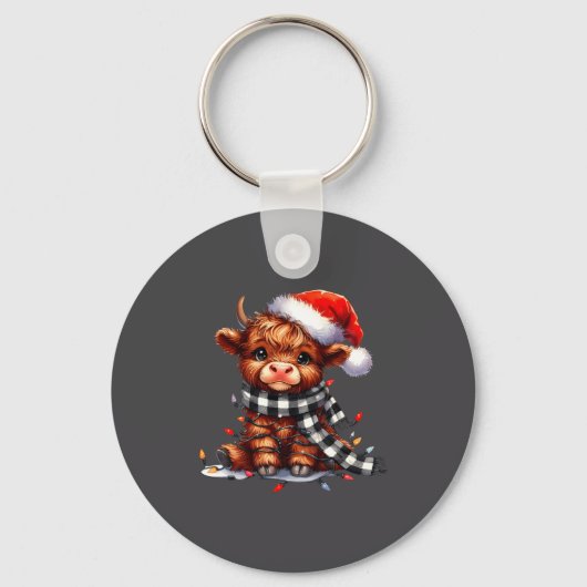 Cute Highland Cow Christmas Lights Santa Hat Winte Sleutelhanger (Voorkant)