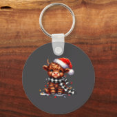 Cute Highland Cow Christmas Lights Santa Hat Winte Sleutelhanger (Voorkant)
