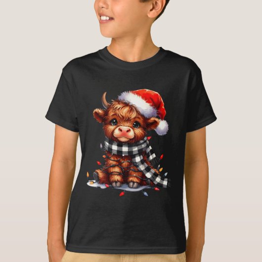 Cute Highland Cow Christmas Lights Santa Hat Winte T-shirt (Voorkant)