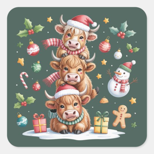 Cute Highland Cow Christmas Trees Hot Cocoa Cozy  Vierkante Sticker (Voorkant)