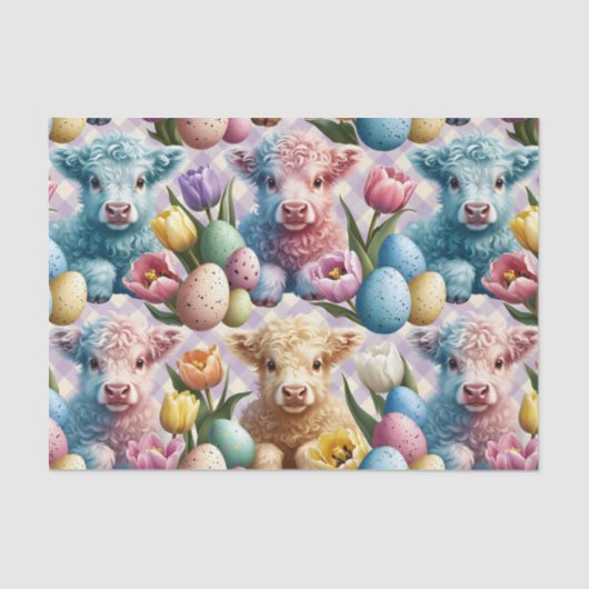 Cute Highland Cow Easter Tulips Pastel Tissuepapier (Voorkant)