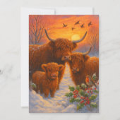 Cute Highland Cow Family In Snowy Woodland Sunset Feestdagenkaart (Voorkant)
