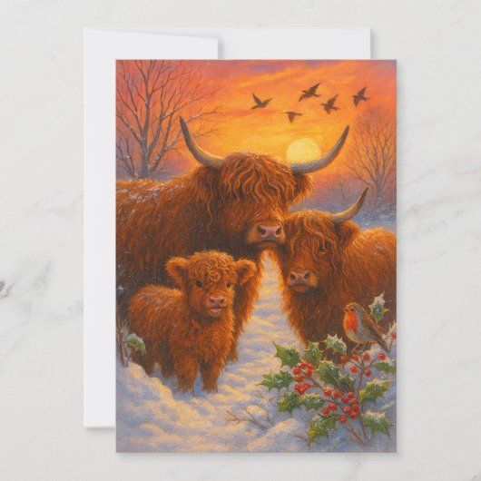 Cute Highland Cow Family In Snowy Woodland Sunset Feestdagenkaart (Voorkant)