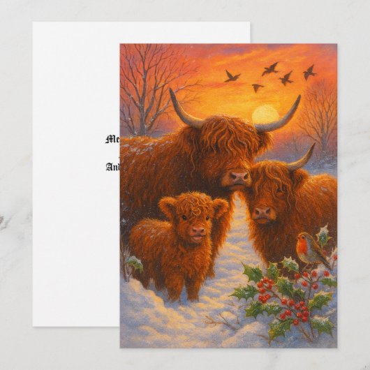 Cute Highland Cow Family In Snowy Woodland Sunset Feestdagenkaart (Voorkant / Achterkant)