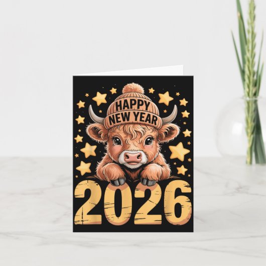 Cute Highland Cow Happy New Year 2026 Tee Funny An Kaart (Voorkant)