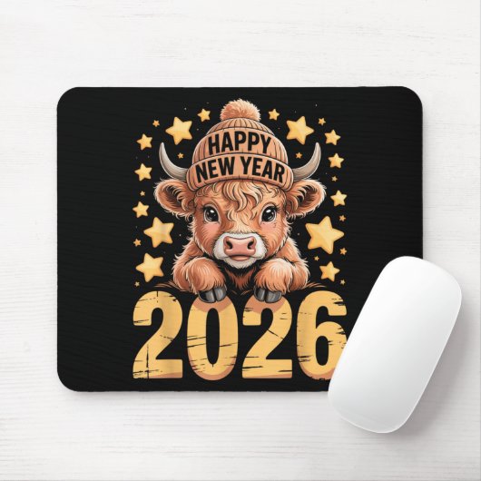 Cute Highland Cow Happy New Year 2026 Tee Funny An Muismat (Met muis)