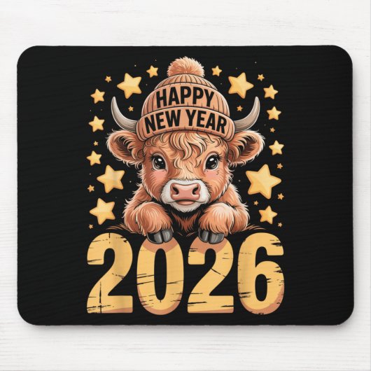 Cute Highland Cow Happy New Year 2026 Tee Funny An Muismat (Voorkant)