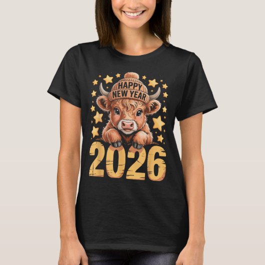 Cute Highland Cow Happy New Year 2026 Tee Funny An T-shirt (Voorkant)