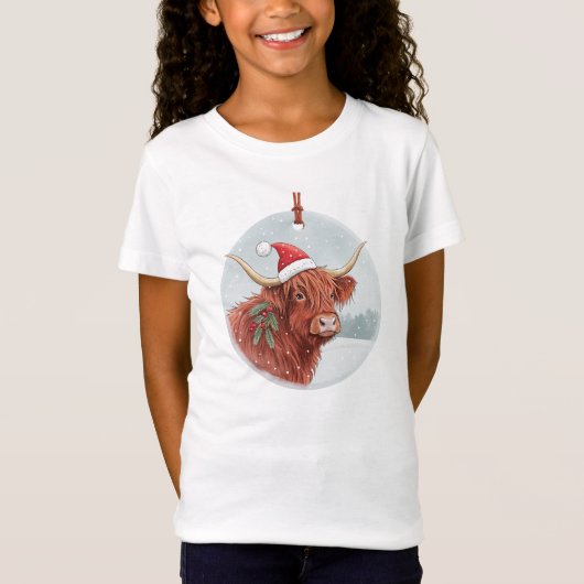 Cute Highland Cow Kids Christmas Shirt | Santa Hat (Voorkant)