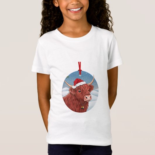 Cute Highland Cow Kids Christmas Shirt | Santa Hat (Voorkant)