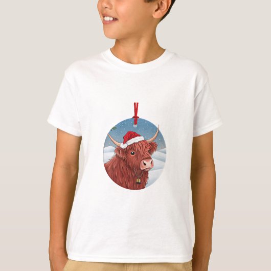 Cute Highland Cow Kids Christmas Shirt | Santa Hat (Voorkant)