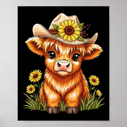 Cute Highland Cow Sunflower Farm Scottish Highland Poster (Voorkant)