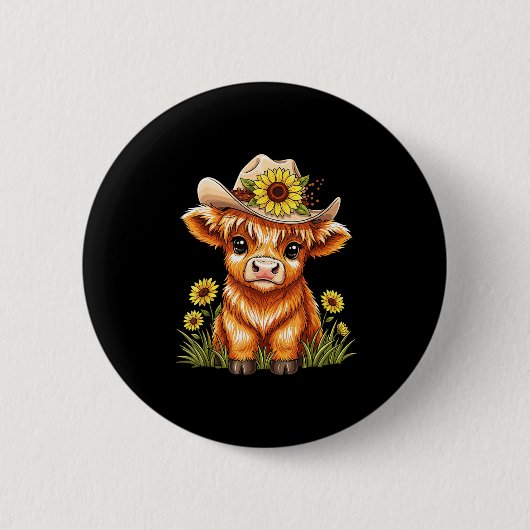 Cute Highland Cow Sunflower Farm Scottish Highland Ronde Button 5,7 Cm (Voorkant)