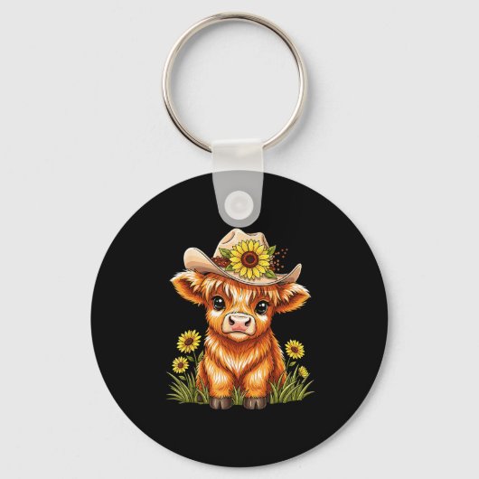 Cute Highland Cow Sunflower Farm Scottish Highland Sleutelhanger (Voorkant)