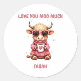 Cute Highland Cow Valentine Heart Glasses Coffee m Ronde Sticker