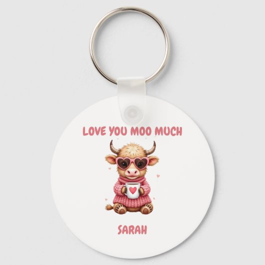 Cute Highland Cow Valentine Heart Glasses Coffee m Sleutelhanger (Voorkant)