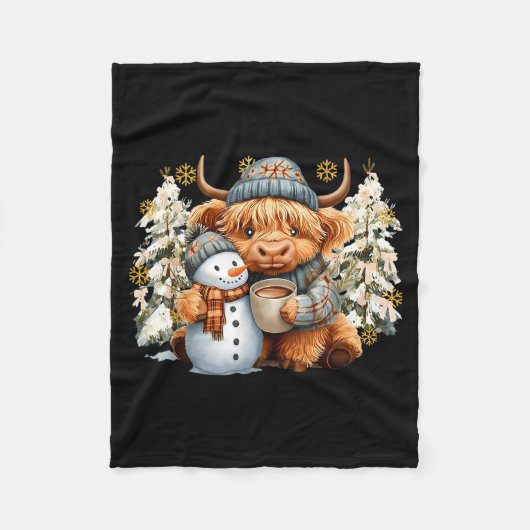 Cute Highland Cow With Snowman Hot Cocoa Christmas Fleece Deken (Voorkant)