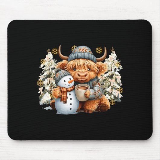 Cute Highland Cow With Snowman Hot Cocoa Christmas Muismat (Voorkant)