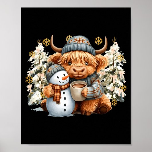 Cute Highland Cow With Snowman Hot Cocoa Christmas Poster (Voorkant)