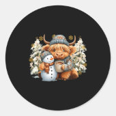 Cute Highland Cow With Snowman Hot Cocoa Christmas Ronde Sticker (Voorkant)