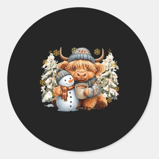 Cute Highland Cow With Snowman Hot Cocoa Christmas Ronde Sticker (Voorkant)
