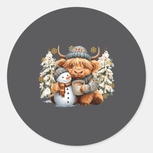 Cute Highland Cow With Snowman Hot Cocoa Christmas Ronde Sticker (Voorkant)