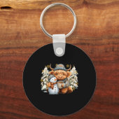 Cute Highland Cow With Snowman Hot Cocoa Christmas Sleutelhanger (Voorkant)