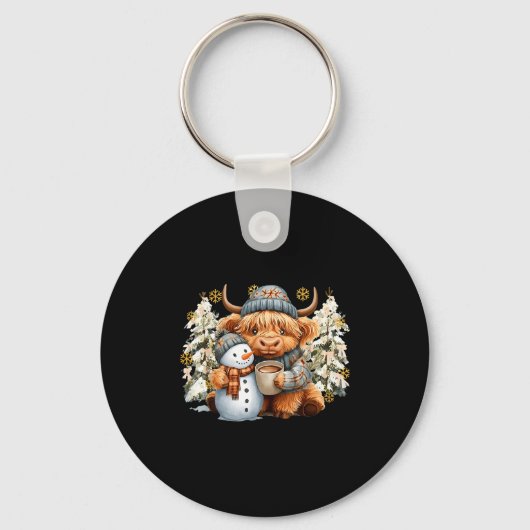 Cute Highland Cow With Snowman Hot Cocoa Christmas Sleutelhanger (Voorkant)