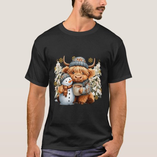 Cute Highland Cow With Snowman Hot Cocoa Christmas T-shirt (Voorkant)