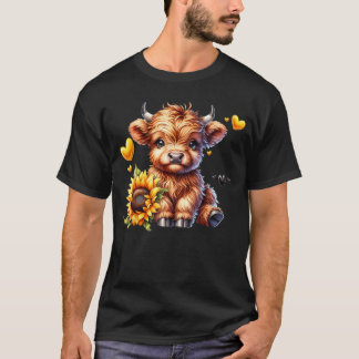 Cute Highland Cow with Sunflower Women Girl friend T-shirt