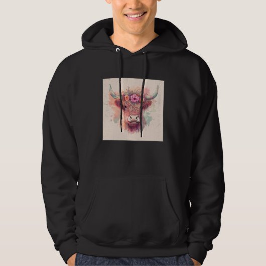 Cute Highland Hairy Cow Paint Splatter Floral Colo Hoodie (Voorkant)