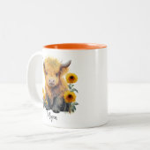 Cute Highland Koe Calf Sunflower Persoonlijk Tweekleurige Koffiemok (Voorkant links)