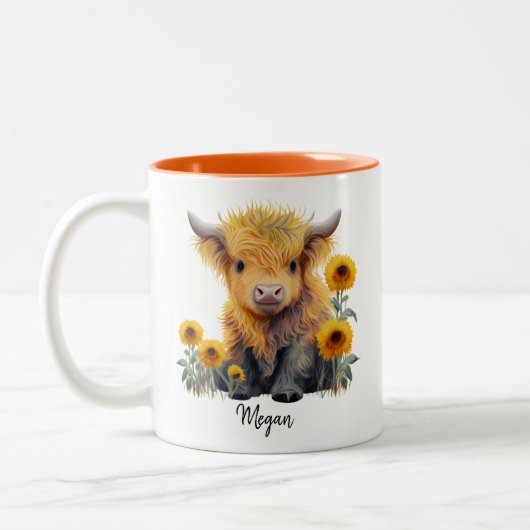 Cute Highland Koe Calf Sunflower Persoonlijk Tweekleurige Koffiemok (Links)