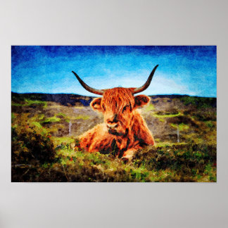 Cute Highland Koe Cattle Waterverf Art Painting Poster
