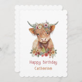 Cute Highland Koe Floral Birthday Name Waterverf Kaart (Voorkant / Achterkant)