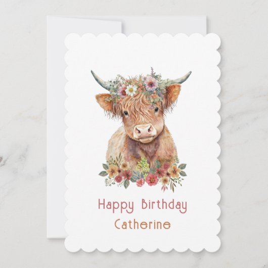 Cute Highland Koe Floral Birthday Name Waterverf Kaart (Voorkant)
